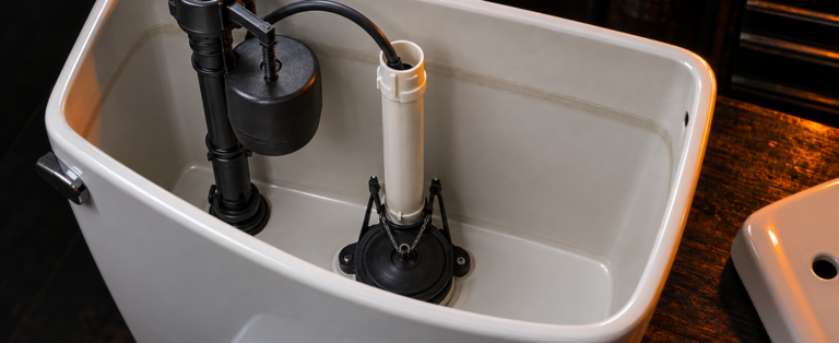 Inside an open toilet tank: the rubber flapper at the bottom, the overflow tube, and the fill valve.