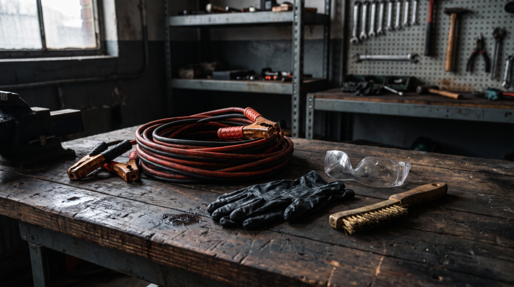 Red and black jumper cables coiled on a dark wooden workbench beside nitrile gloves, safety glasses, and a wire brush.