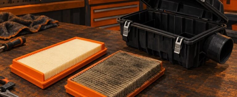 New engine air filter next to a dirty used filter and an open airbox on a garage workbench
