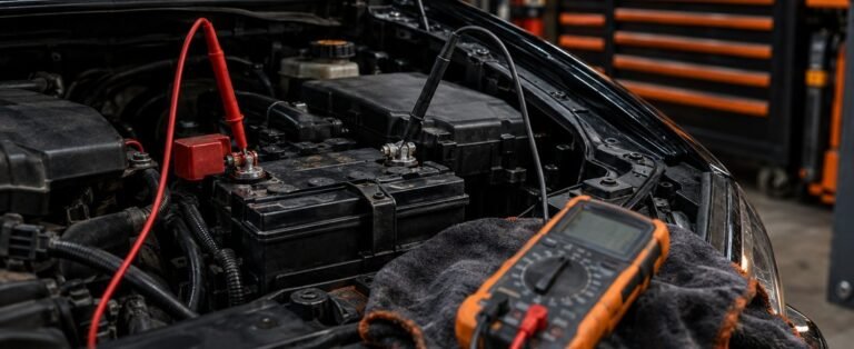 Digital multimeter probes on a car battery's terminals in a garage, showing how to check car battery voltage