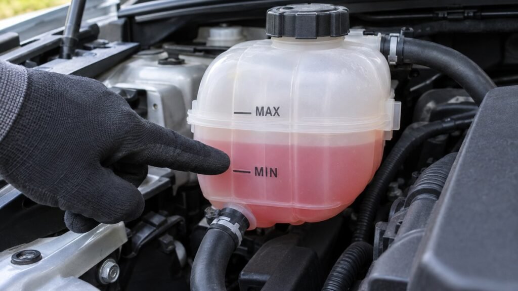 Hand pointing to the MIN and MAX marks on a car's coolant reservoir under an open hood, showing how to check coolant level
