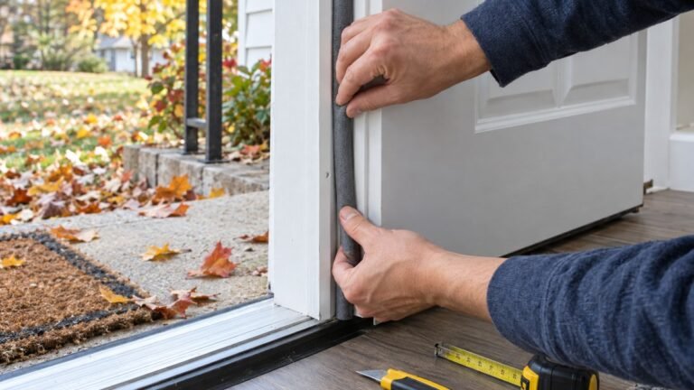 Hands pressing new foam weatherstripping into an exterior door frame with a tape measure and utility knife nearby, showing how to weatherstrip a door