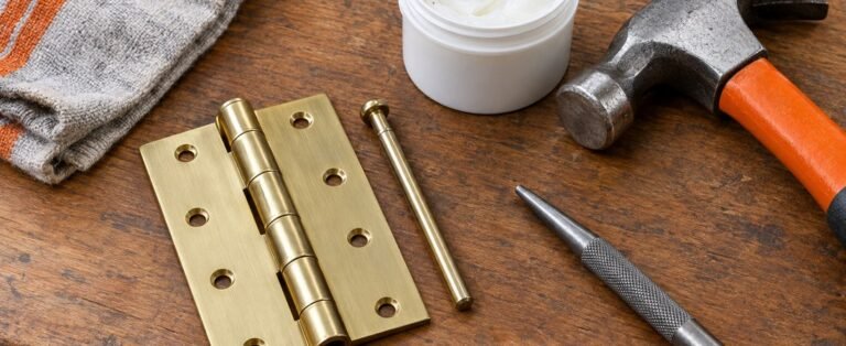 Door hinge with its pin pulled out beside lithium grease, a hammer and a nail set, showing a squeaky door hinge fix